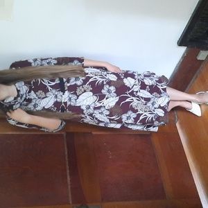 Robbie Bee Maroon Floral Mock Neck Midi Dress with Belt